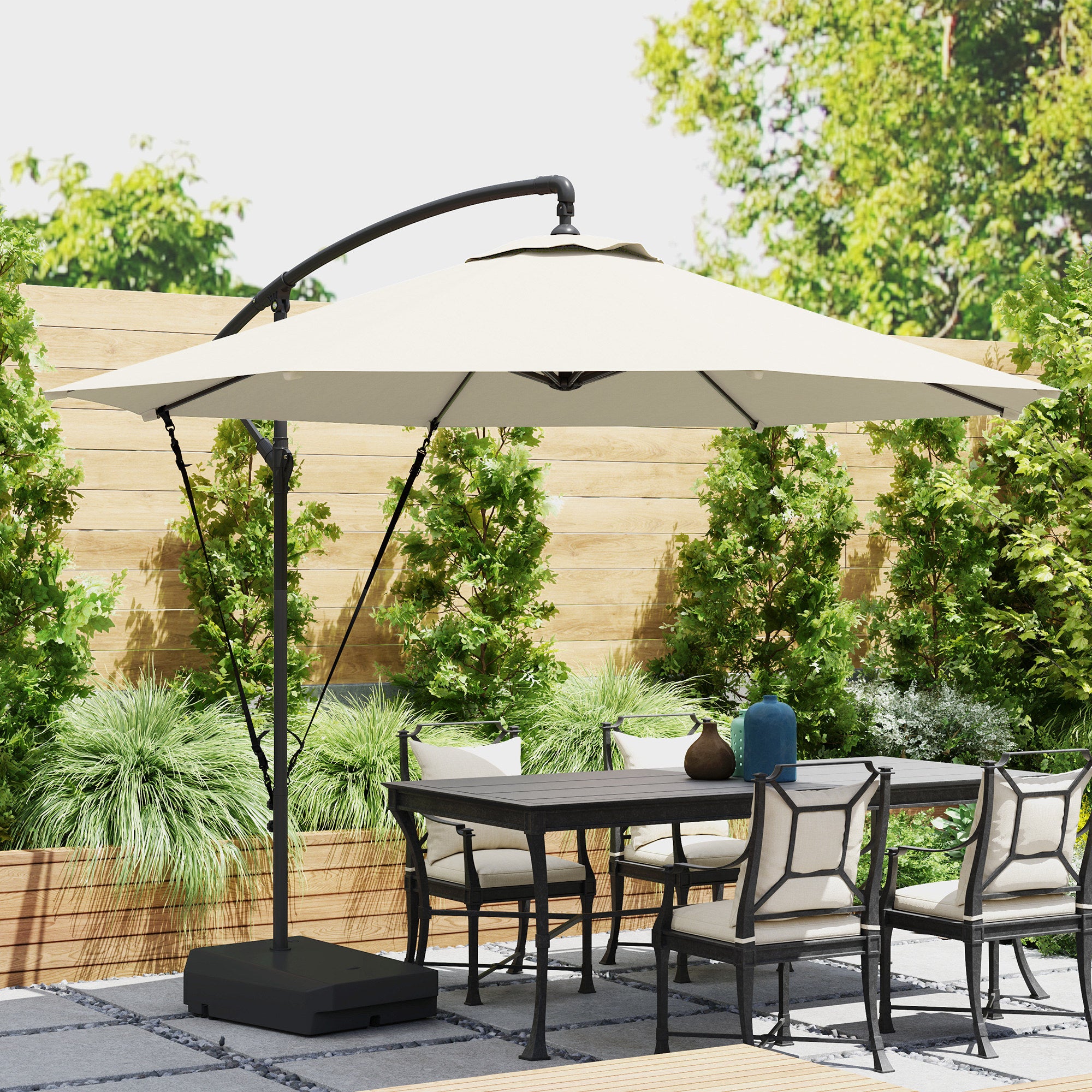garden banana parasol sun shade patio hanging rattan set umbrella Outsunny 3m Cantilever Banana Parasol w/ Fillable Base, Wind Protection Strap, Cover, Cream