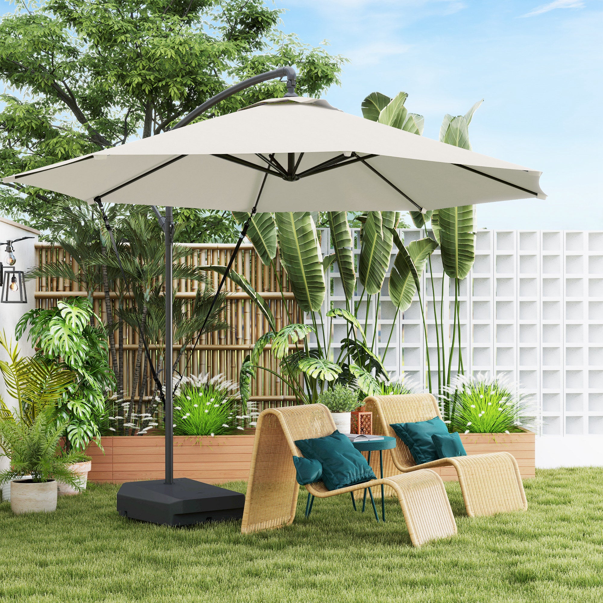 garden banana parasol sun shade patio hanging rattan set umbrella Outsunny 3m Cantilever Banana Parasol w/ Fillable Base, Wind Protection Strap, Cover, Cream