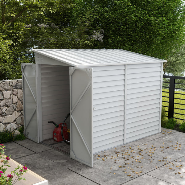 Outsunny 4.6' x 9' Steel Outdoor Storage Shed, Lean to Shed, Metal Tool House with Foundation Kit, Lockable Doors, Gloves and 2 Air Vents for Backyard, Patio, Lawn, White