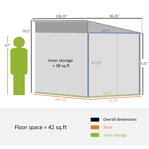 Outsunny 4.6' x 9' Steel Outdoor Storage Shed, Lean to Shed, Metal Tool House with Foundation Kit, Lockable Doors, Gloves and 2 Air Vents for Backyard, Patio, Lawn, White
