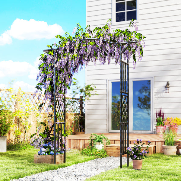 Garden Arch, 7.5ft PE-Coated Steel Garden Arch Trellis for Climbing Plants, Arbour Archway with Extended Top for Wedding Ceremony Garden Backyard Lawn Patio, Black