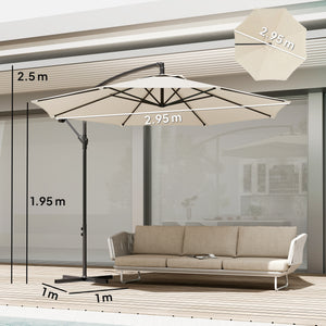 3(m) Garden Banana Parasol Hanging Cantilever Umbrella with Crank Handle, 8 Ribs and Cross Base for Outdoor, Sun Shade, Cream White