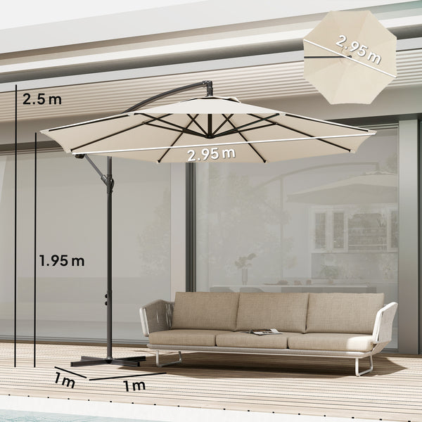 3(m) Garden Banana Parasol Hanging Cantilever Umbrella with Crank Handle, 8 Ribs and Cross Base for Outdoor, Sun Shade, Cream White