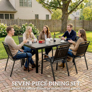 Garden Table and Chairs Set for 6 with Umbrella Hole, 7 Pieces Outdoor Dining Set with Rectangular Metal Slatted Tabletop and Stackable Chairs for Patio Porch, Black