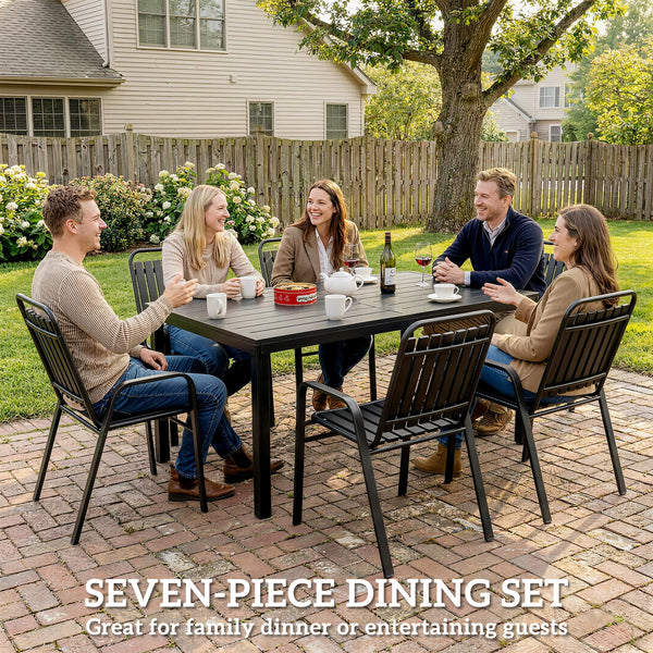 Garden Table and Chairs Set for 6 with Umbrella Hole, 7 Pieces Outdoor Dining Set with Rectangular Metal Slatted Tabletop and Stackable Chairs for Patio Porch, Black