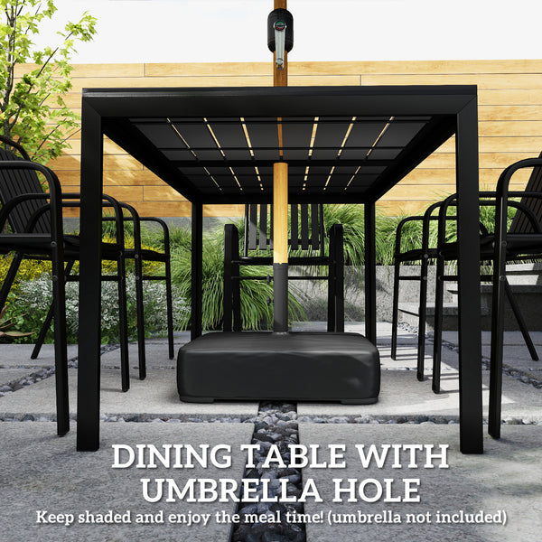 Garden Table and Chairs Set for 6 with Umbrella Hole, 7 Pieces Outdoor Dining Set with Rectangular Metal Slatted Tabletop and Stackable Chairs for Patio Porch, Black
