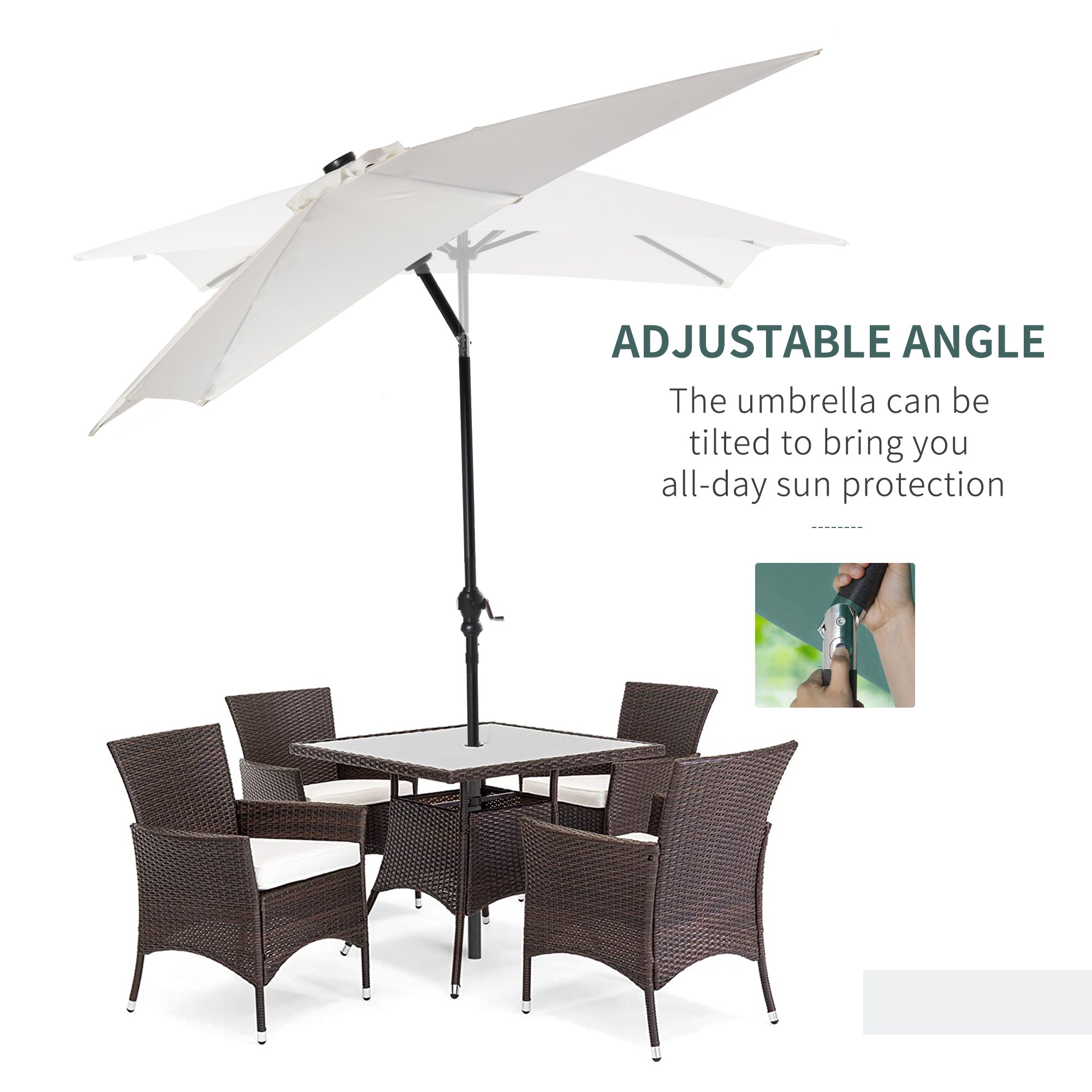Outsunny 9 x 7 ft Patio Umbrella Outdoor Table Market with Crank Solar LED Lights Tilt Button for Deck Pool White