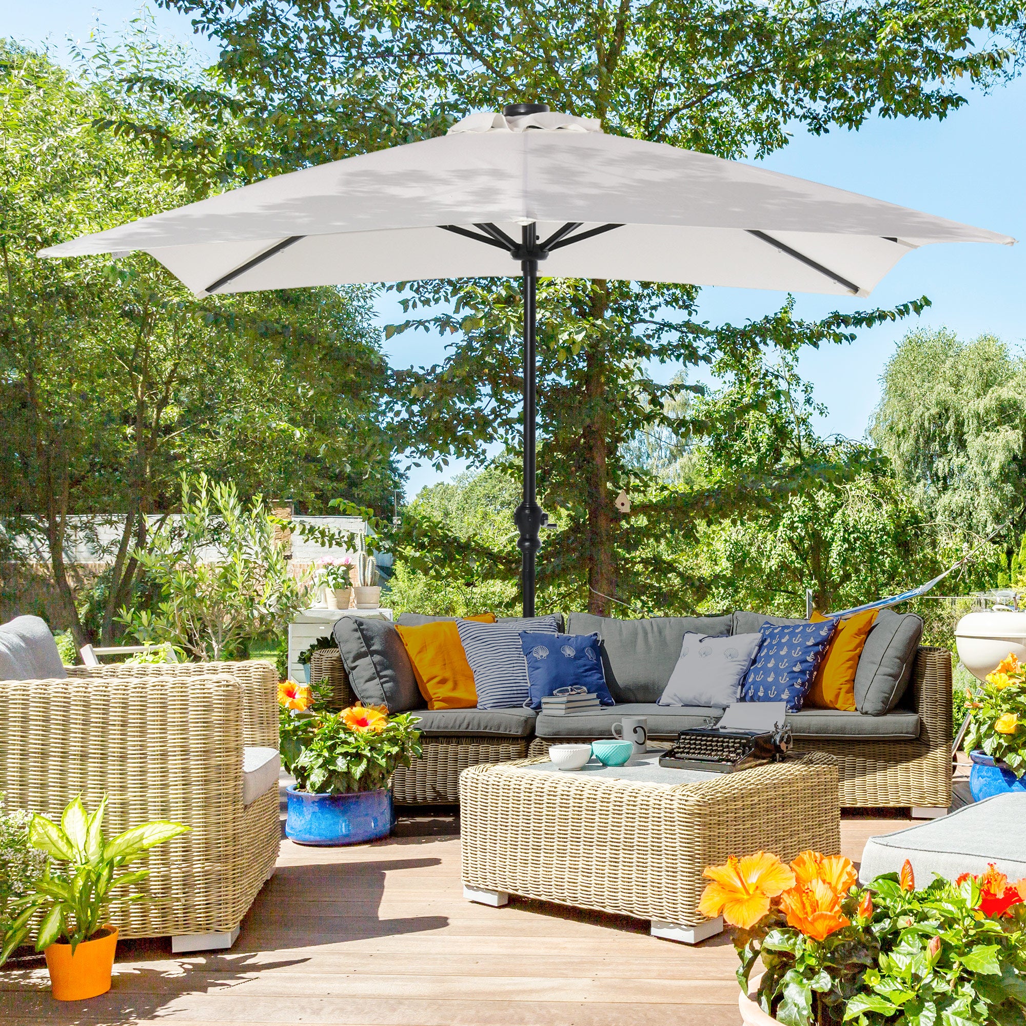 9 patio umbrella with lights Outsunny 9 x 7 ft Patio Umbrella Outdoor Table Market with Crank Solar LED Lights Tilt Button for Deck Pool White