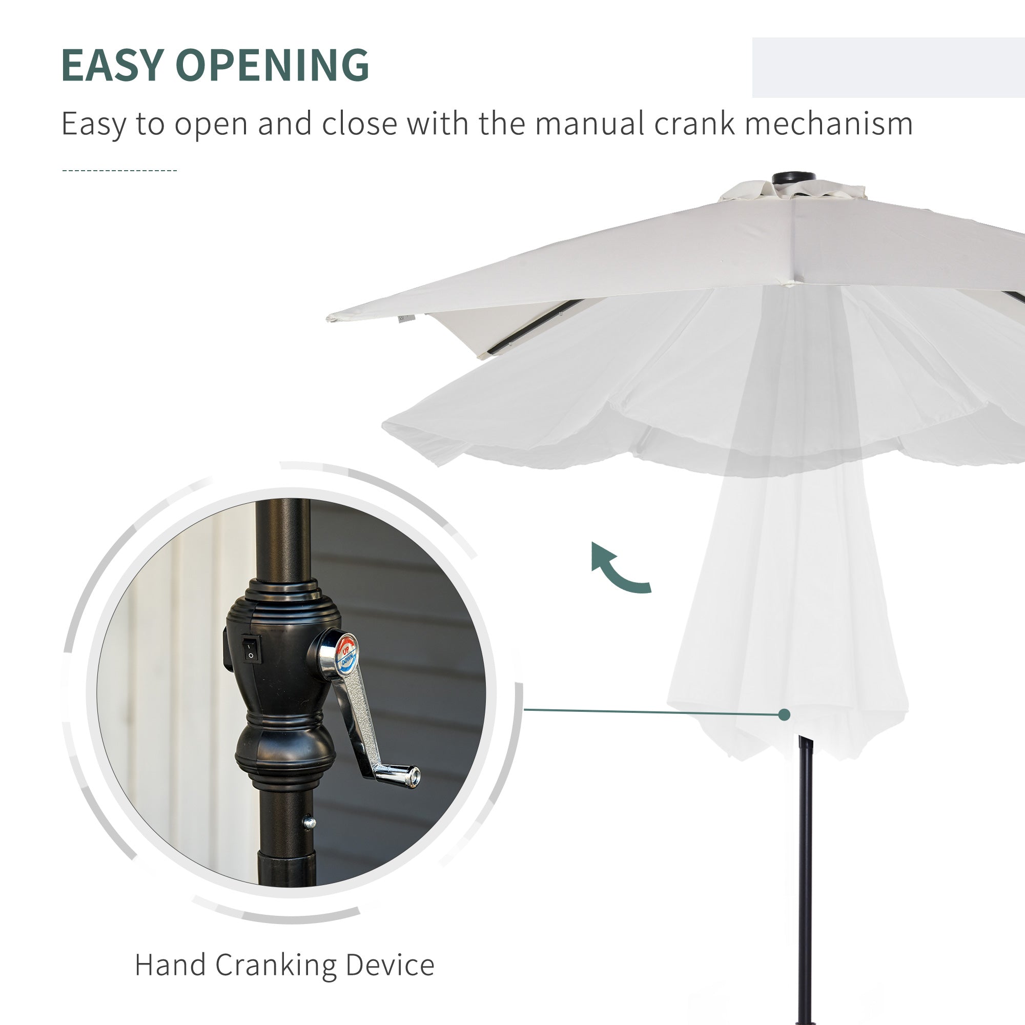 light up patio tilt umbrella Outsunny 9 x 7 ft Patio Umbrella Outdoor Table Market with Crank Solar LED Lights Tilt Button for Deck Pool White