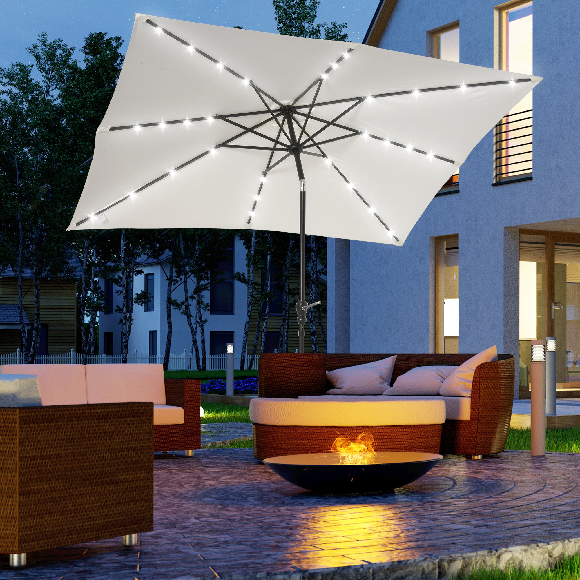 led lighted patio umbrella Outsunny 9 x 7 ft Patio Umbrella Outdoor Table Market with Crank Solar LED Lights Tilt Button for Deck Pool White