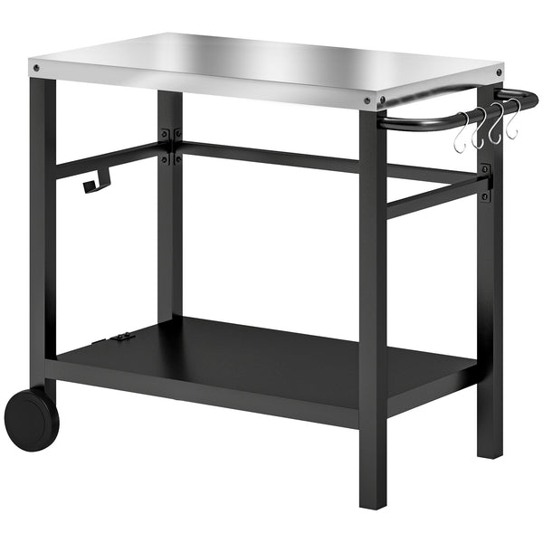 Outdoor Grill Dining Cart with Stainless Steel Tabletop, 2-Shelf BBQ Movable Pizza Oven Stand with Shelf, Hooks, Wheels, Charcoal Grey
