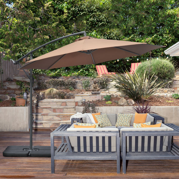 3(m) Garden Banana Parasol Cantilever Umbrella with Crank Handle, Cross Base, Weights and Cover for Outdoor, Hanging Sun Shade, Coffee