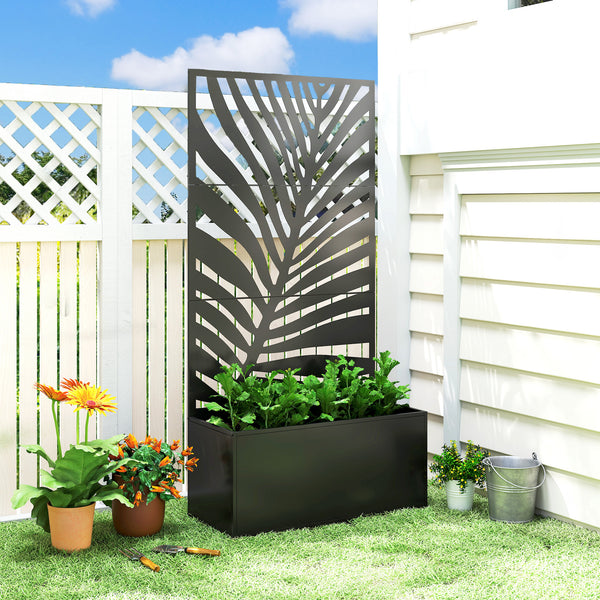 Metal Planter Box with Trellis, 71" Tall Raised Garden Bed with Trellis Privacy Screen for Climbing Plants, Large Leaf Cut-Out Privacy Planter for Garden, Patio, Balcony