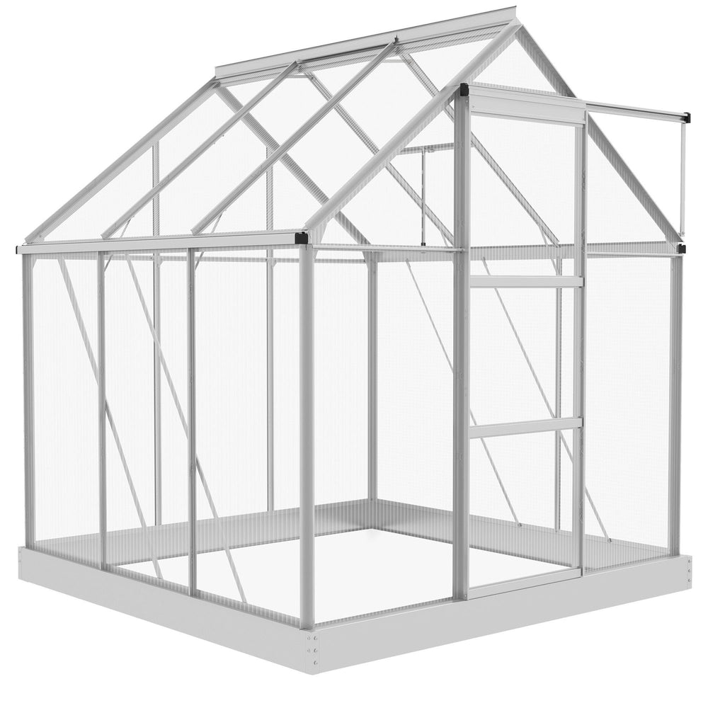 6 x 6ft Polycarbonate Greenhouse, Walk-In Greenhouse with Sliding Door, Adjustable Window, Aluminium Frame and Foundation, Garden Grow House with Rain Gutter, Silver