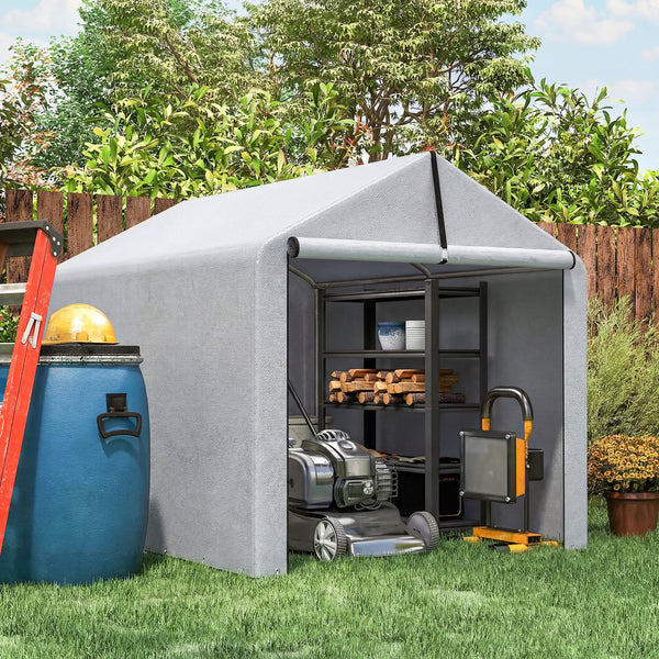 7' x 5' Portable Shed, Waterproof Bike Tent with Roll-up Zipper Door and Galvanized Steel Frame, Outdoor Storage Shed for Bike, Firewood, Garden Tools, Light Grey