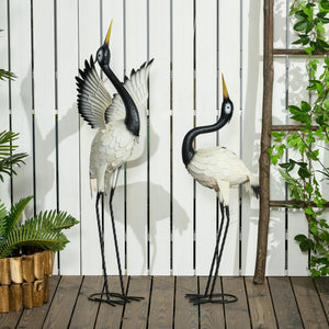 Outsunny Heron Garden Statues, 35.5" & 40.5" Standing Bird Sculptures, Metal Yard Art Decor for Lawn, Patio, Backyard, Landscape Decoration Set of 2, White & Black