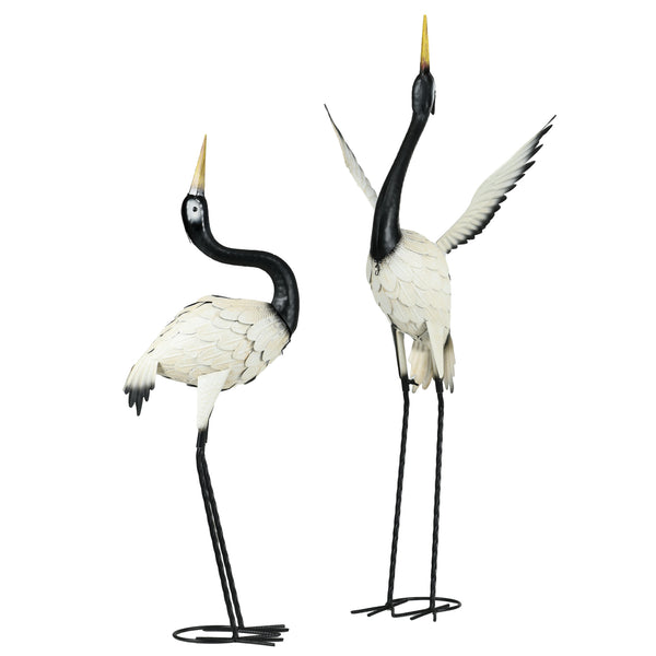 Outsunny Heron Garden Statues, 35.5" & 40.5" Standing Bird Sculptures, Metal Yard Art Decor for Lawn, Patio, Backyard, Landscape Decoration Set of 2, White & Black