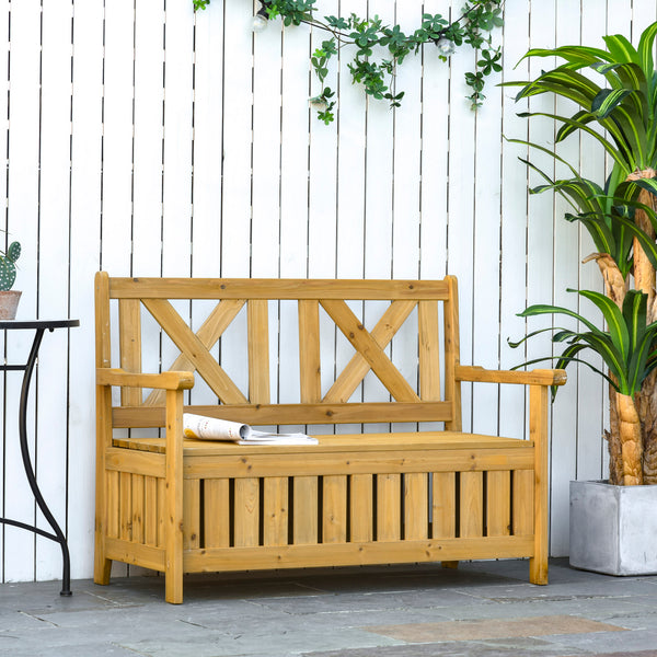 2-Seater Wooden Outdoor Bench with Storage Box, 29 Gallon Outdoor Storage Bench, Large Entryway Deck Box with Unique X-Shape Back for Deck, Porch and Balcony, Yellow