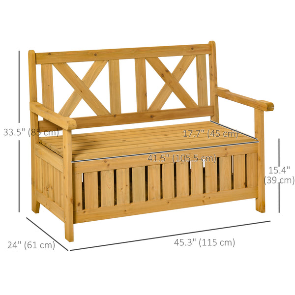 2-Seater Wooden Outdoor Bench with Storage Box, 29 Gallon Outdoor Storage Bench, Large Entryway Deck Box with Unique X-Shape Back for Deck, Porch and Balcony, Yellow