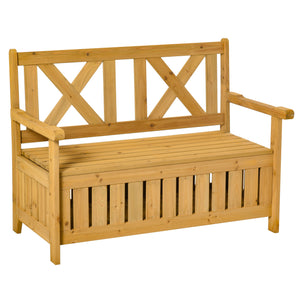 2-Seater Wooden Outdoor Bench with Storage Box, 29 Gallon Outdoor Storage Bench, Large Entryway Deck Box with Unique X-Shape Back for Deck, Porch and Balcony, Yellow