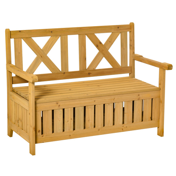 2-Seater Wooden Outdoor Bench with Storage Box, 29 Gallon Outdoor Storage Bench, Large Entryway Deck Box with Unique X-Shape Back for Deck, Porch and Balcony, Yellow