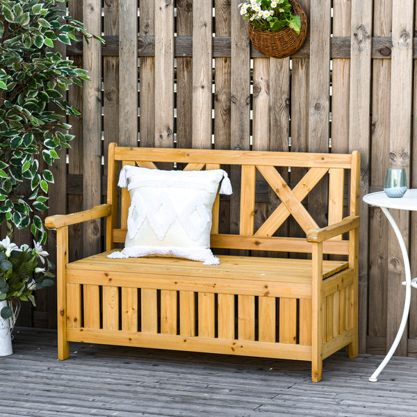 2-Seater Wooden Outdoor Bench with Storage Box, 29 Gallon Outdoor Storage Bench, Large Entryway Deck Box with Unique X-Shape Back for Deck, Porch and Balcony, Yellow
