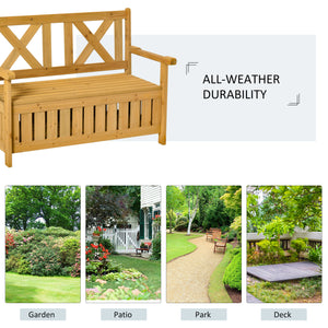 2-Seater Wooden Outdoor Bench with Storage Box, 29 Gallon Outdoor Storage Bench, Large Entryway Deck Box with Unique X-Shape Back for Deck, Porch and Balcony, Yellow