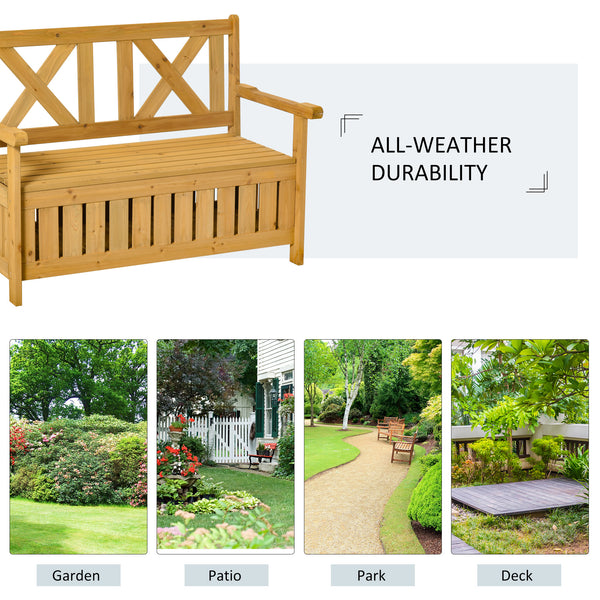 2-Seater Wooden Outdoor Bench with Storage Box, 29 Gallon Outdoor Storage Bench, Large Entryway Deck Box with Unique X-Shape Back for Deck, Porch and Balcony, Yellow