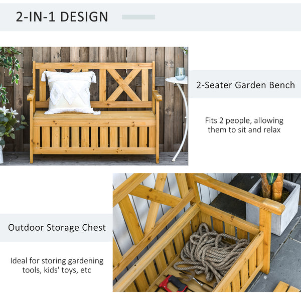 2-Seater Wooden Outdoor Bench with Storage Box, 29 Gallon Outdoor Storage Bench, Large Entryway Deck Box with Unique X-Shape Back for Deck, Porch and Balcony, Yellow
