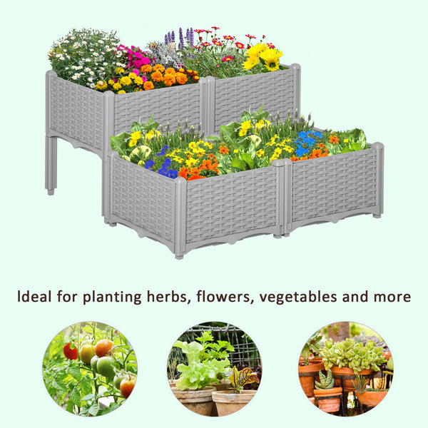 Outsunny 4 Piece Raised Garden Bed with Legs, Self-Watering Planter Box Raised Bed to Grow Flowers, Herbs & Vegetables, Gray