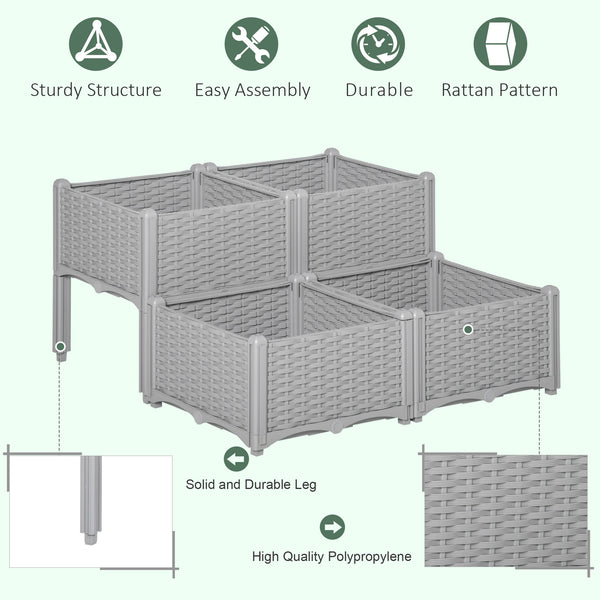 Outsunny 4 Piece Raised Garden Bed with Legs, Self-Watering Planter Box Raised Bed to Grow Flowers, Herbs & Vegetables, Gray