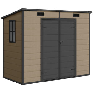 8' x 4' Outdoor Storage Shed, Resin Plastic Shed with Floor, Window, Lockable Doors and Vents, All-Weather Tool Shed for Backyard, Patio, Lawn, Light Brown