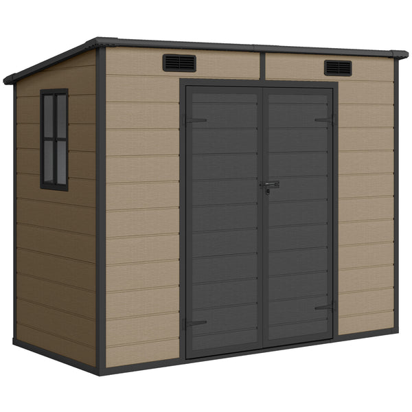 8' x 4' Outdoor Storage Shed, Resin Plastic Shed with Floor, Window, Lockable Doors and Vents, All-Weather Tool Shed for Backyard, Patio, Lawn, Light Brown