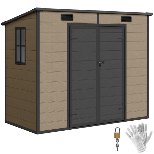 8' x 4' Outdoor Storage Shed, Resin Plastic Shed with Floor, Window, Lockable Doors and Vents, All-Weather Tool Shed for Backyard, Patio, Lawn, Light Brown