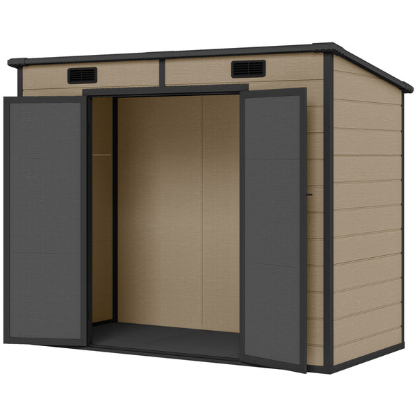 8' x 4' Outdoor Storage Shed, Resin Plastic Shed with Floor, Window, Lockable Doors and Vents, All-Weather Tool Shed for Backyard, Patio, Lawn, Light Brown