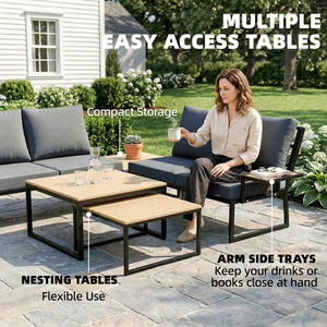 4 Seater Rattan Garden Furniture Set, Corner Garden Sofa Set with 2 Loveseats, 2 Nesting Coffee Tables, Arm Side Trays, Cushions, Metal Outdoor Furniture Conversation Sets for Patio, Teak