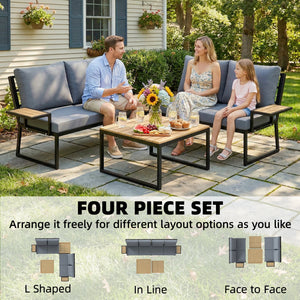 4 Seater Rattan Garden Furniture Set, Corner Garden Sofa Set with 2 Loveseats, 2 Nesting Coffee Tables, Arm Side Trays, Cushions, Metal Outdoor Furniture Conversation Sets for Patio, Teak