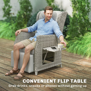 Rattan Garden Recliner Chair, Reclining Garden Chair with Adjustable Backrest and Footrest, Flip Table, Cushion, PE Wicker Outdoor Lounge Armchair Sun Lounger for Patio, Balcony, Light Grey