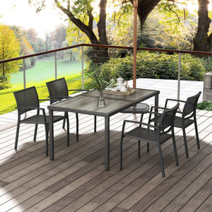 4 Seater Garden Dining Set, Stackable Armchairs and Wood-like Top Table, Space-Saving Outdoor Table and Chairs with Breathable Mesh Seat, Garden Furniture Set, Grey