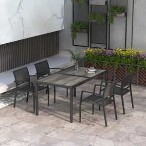 4 Seater Garden Dining Set, Stackable Armchairs and Wood-like Top Table, Space-Saving Outdoor Table and Chairs with Breathable Mesh Seat, Garden Furniture Set, Grey