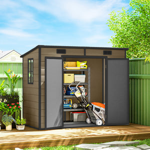 8' x 4' Outdoor Storage Shed, Resin Plastic Shed with Floor, Window, Lockable Doors and Vents, All-Weather Tool Shed for Backyard, Patio, Lawn, Light Brown