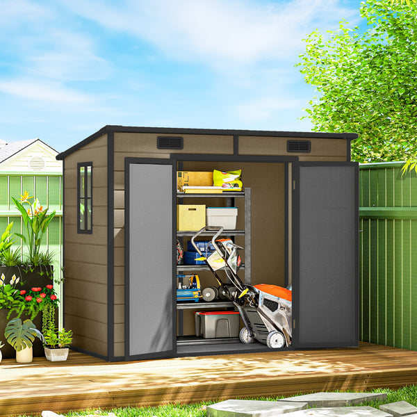 8' x 4' Outdoor Storage Shed, Resin Plastic Shed with Floor, Window, Lockable Doors and Vents, All-Weather Tool Shed for Backyard, Patio, Lawn, Light Brown