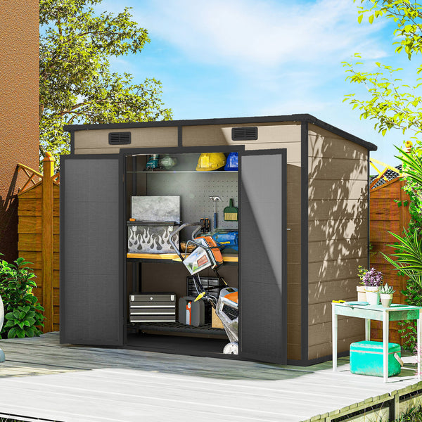 8' x 4' Outdoor Storage Shed, Resin Plastic Shed with Floor, Window, Lockable Doors and Vents, All-Weather Tool Shed for Backyard, Patio, Lawn, Light Brown