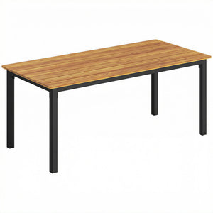 Garden Dining Table for 6-8 Person, 180 x 86 cm Rectangular Outdoor Dining Table with Wood Slatted Top and Steel Frame, All Weather Patio Furniture for Balcony, Porch, Teak