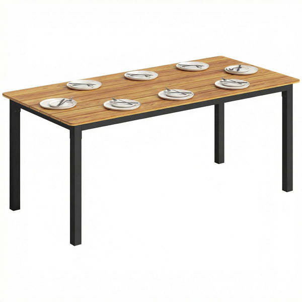 Garden Dining Table for 6-8 Person, 180 x 86 cm Rectangular Outdoor Dining Table with Wood Slatted Top and Steel Frame, All Weather Patio Furniture for Balcony, Porch, Teak