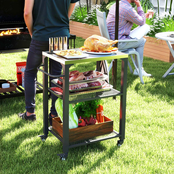 Outsunny Three-Shelf Outdoor Grill Cart with Stainless Steel Tabletop, 22" x 16.1" Multifunctional Pizza Oven Table with Hooks, Side Handle, Movable Food Prep Table with Wheels