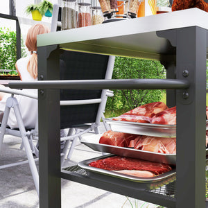 Outsunny Three-Shelf Outdoor Grill Cart with Stainless Steel Tabletop, 22" x 16.1" Multifunctional Pizza Oven Table with Hooks, Side Handle, Movable Food Prep Table with Wheels