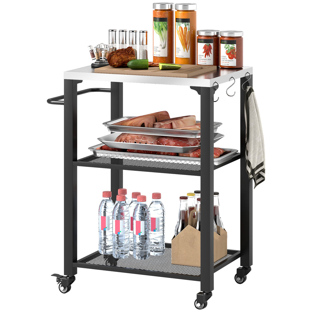 Outsunny Three-Shelf Outdoor Grill Cart with Stainless Steel Tabletop, 22" x 16.1" Multifunctional Pizza Oven Table with Hooks, Side Handle, Movable Food Prep Table with Wheels