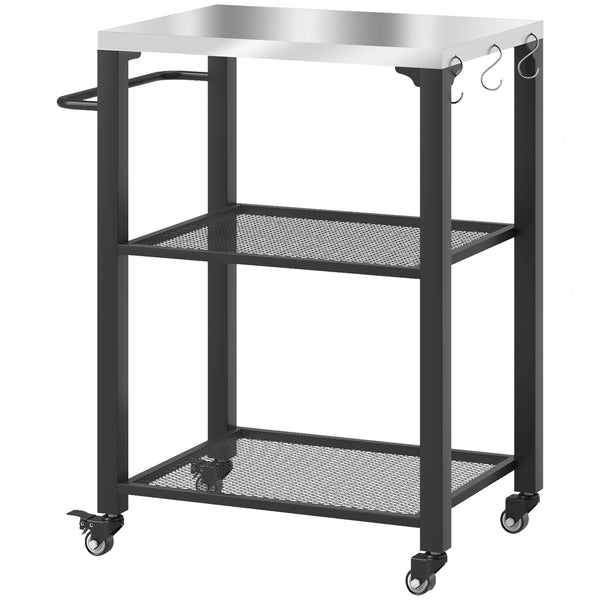 Outsunny Three-Shelf Outdoor Grill Cart with Stainless Steel Tabletop, 22" x 16.1" Multifunctional Pizza Oven Table with Hooks, Side Handle, Movable Food Prep Table with Wheels