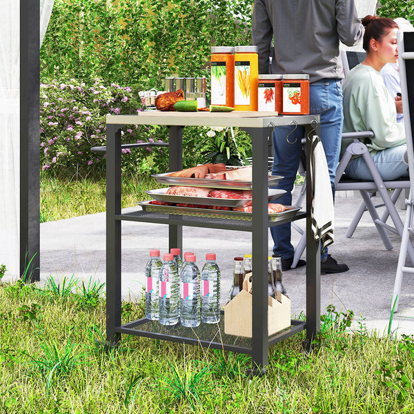 Outsunny Three-Shelf Outdoor Grill Cart with Stainless Steel Tabletop, 22" x 16.1" Multifunctional Pizza Oven Table with Hooks, Side Handle, Movable Food Prep Table with Wheels